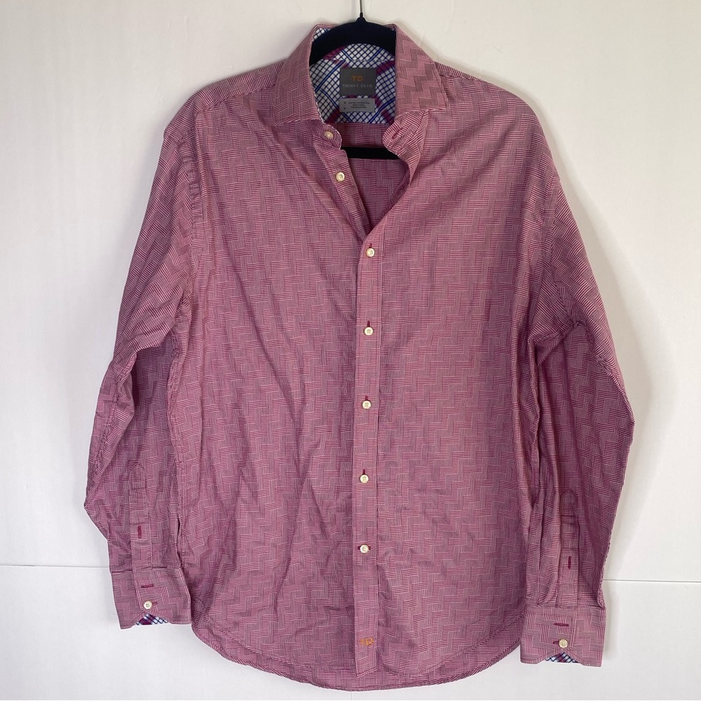 Thomas Dean TD Men’s Button-Down Shirt Medium Red Pattern Long Sleeve